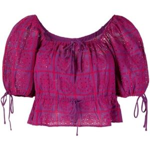 GANNI eyelet embroidery crop top Purple And Pink Organic Cotton Puff Sleeves